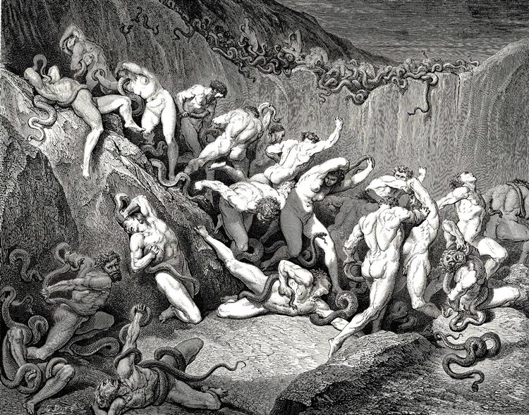 Những tên trộm, Tranh khắc gỗ của Gustave Dore, 1890. (Inferno XXIV, line 89-92)